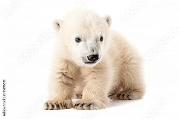 Fototapeta Fluffy baby polar bear with a playful pose isolated on white background