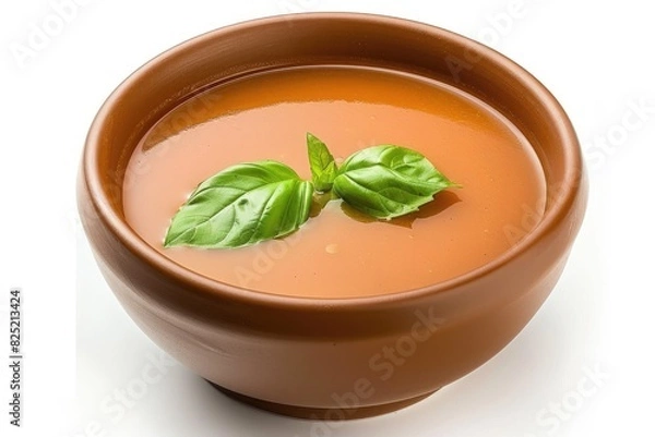 Fototapeta Bowl of creamy tomato soup with a basil leaf on a white background
