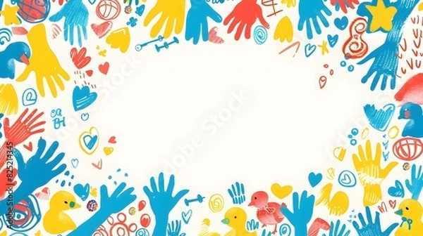 Fototapeta Vibrant Children s Day Doodle Background with Playful Handprints Rubber Ducks and Candy Swirls in Whimsical Style Leaving Ample Blank Space for