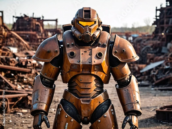Fototapeta Rusted and decaying power armor in a scrap yard