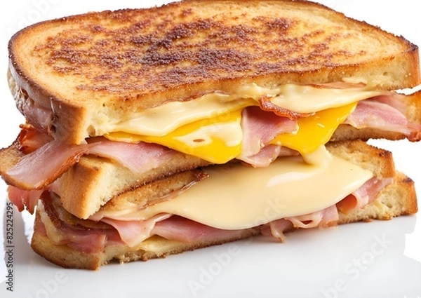 Fototapeta French toast sandwich with ham, bacon, cheese, and egg, isolated on a white background.