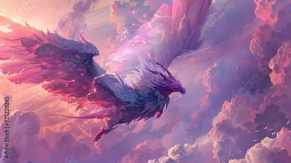 Fototapeta Flying griffin in a magical sunset sky