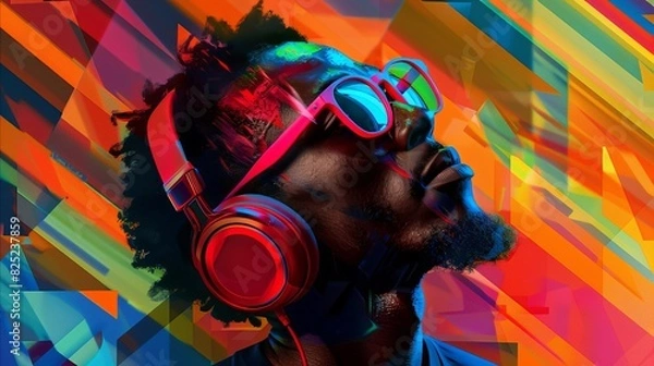 Fototapeta An African man wearing headphones and glasses in a vibrant abstract art style. Vibrant in style, this image tells a story about the fun side of music that knows no race.