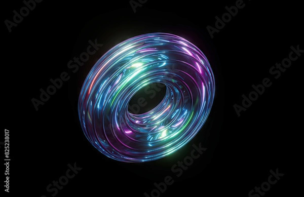 Fototapeta 3d render. Glossy grooved glass torus, reflecting vibrant neon light. Blue violet geometric object isolated on black background