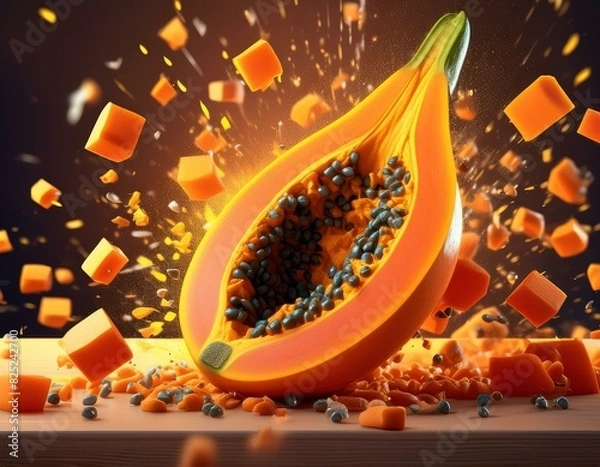 Fototapeta Surreal poster of a papaya exploding into neatly cut pieces, suspended in an empty void to focus on the fruit s tropical flavor and appeal