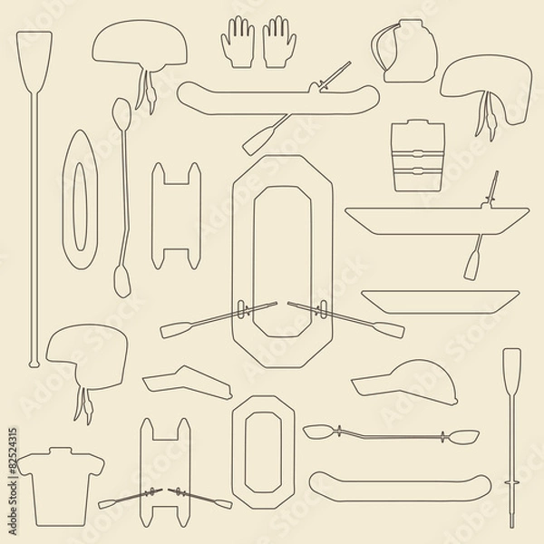 Fototapeta Rafting sport items linear icon set. Oar and paddle rafts