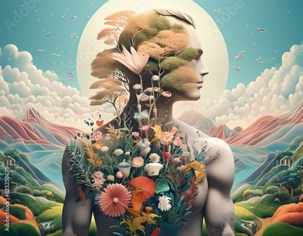 Fototapeta Surreal poster design depicting skin as a dynamic landscape with flora and fauna, creative and imaginative for artistic venues
