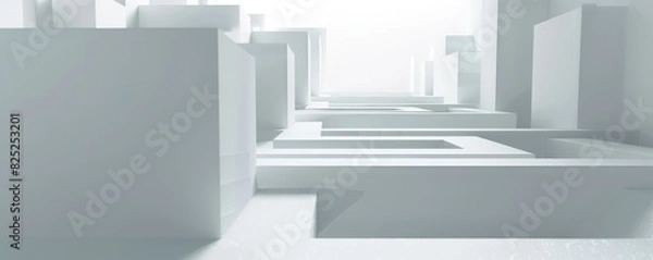 Fototapeta The image is a perspective view of a long, narrow hallway with white walls and a white floor. The hallway is lit by a bright light at the end of the hall.