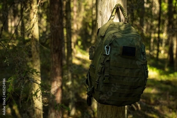 Obraz Tactical backpack on tree trunk in forest .