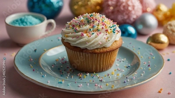 Fototapeta Freshly baked cupcake takes center stage, adorned with white frosting, rainbow of sprinkles. This delightful treat rests on pastel blue plate, set against pink surface.