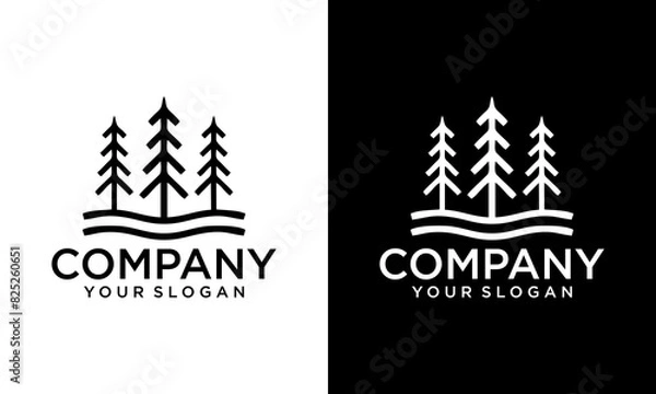Fototapeta Creative Linear hipster pine tree and river or creek evergreen timberland logo design vector