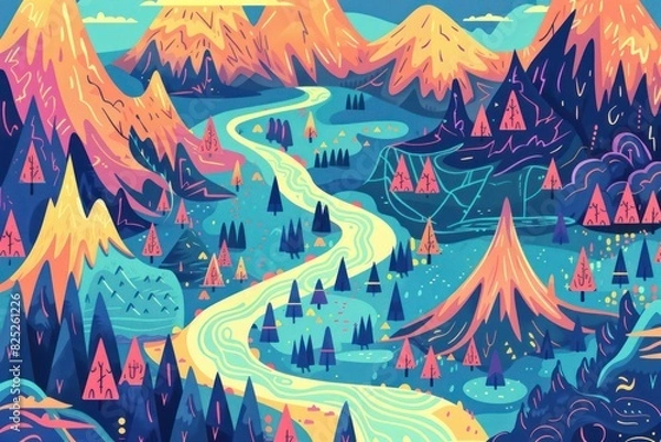 Fototapeta Cartoon Map of a Fantasy World With Mountains and a River