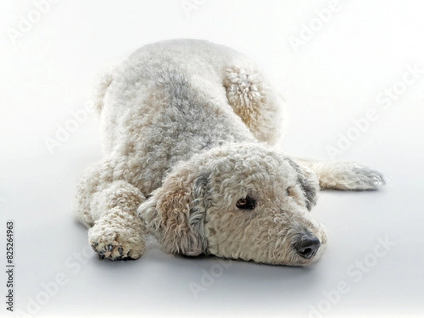 Obraz Weißer Labradoodle liegt entspannt vor weissem Hintergrund