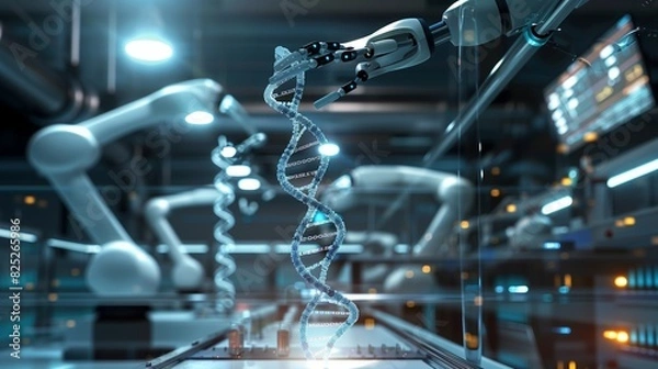 Fototapeta A futuristic lab setting with a DNA helix being manipulated by robotic arms, under bright, focused lights and digital displays,