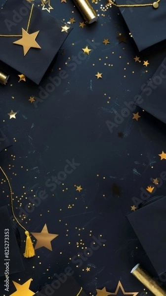 Fototapeta A festive flat lay of graduation caps and diplomas set against a rich green background, sprinkled with gold stars, symbolizing achievement and commencement festivities with copy space for text.