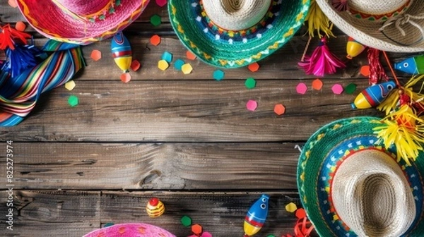 Obraz A festive array of Cinco de Mayo sombreros and maracas, bordered by colorful garlands on a wooden surface, showcasing the vibrant essence of Mexican heritage. Flat lay, top view, copy space.