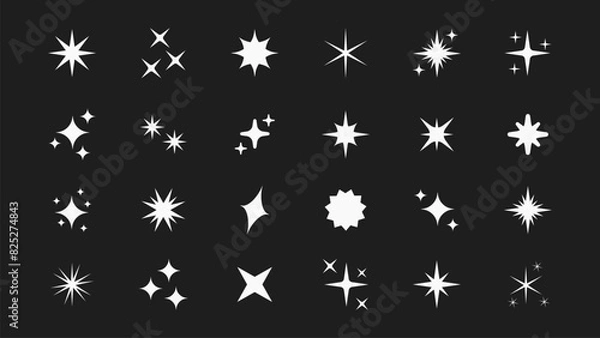 Fototapeta Retro futuristic bright vector icons collection. Set of original star sparkle shapes. Abstract shine effect vector sign. Glowing light effect, twinkle templates stars and bursts, shiny flash.