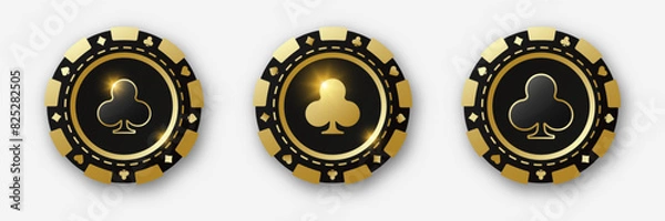 Fototapeta Clubs suit chips. Set of gold and black and poker chips. Gambling tokens with suits for poker and casino and roulette. Vector illustration. For game design, advertising web banner and poster.