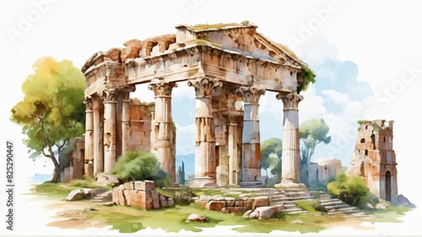 Fototapeta Temple ruins in an ancient citys Illustration  