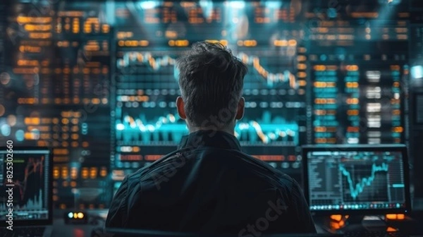 Fototapeta A man with cryptocurrency trading screen