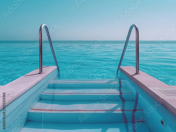 Fototapeta Photo of pool with stairs leading to the ocean, pastel blue water, realistic, surreal