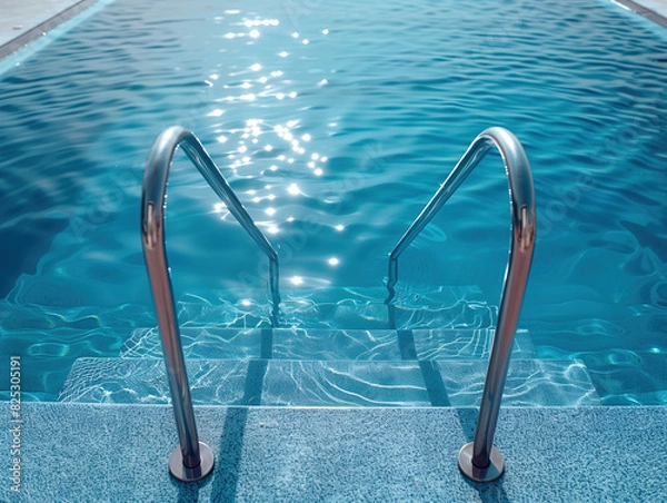 Fototapeta Beautiful swimming pool with blue water and silver handrail, sunlight reflection on the surface of the sparkling water, closeup