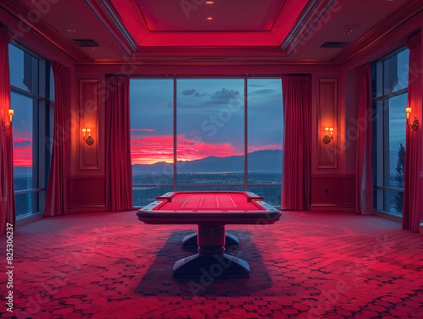 Fototapeta A luxurious red casino room with a panoramic view of the Las Vegas skyline, bathed in warm light from wall sconces and soft lighting from outside, featuring an elegant red roulette table and curtains