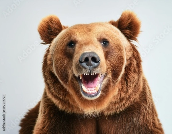 Fototapeta Portrait of a funny bear with a big smile and big teeth on a white background