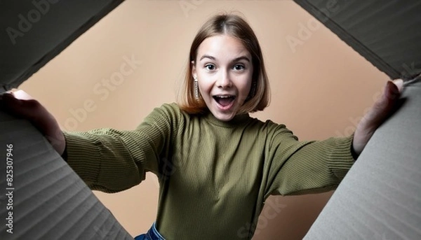 Fototapeta Excited woman unboxing parcel looking into open cardboard on solid color background