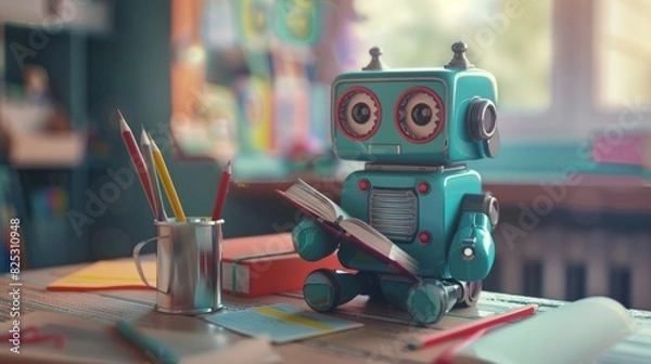 Fototapeta cute robot sits at a desk, does homework, cartoon style, android student, technological progress, school life and ai concept