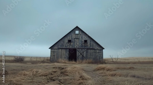 Fototapeta Rustic old barn surrounded by grassland and forest landscape.