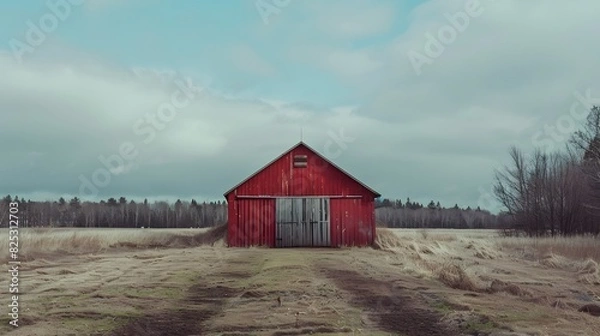 Fototapeta Rustic old barn surrounded by grassland and forest landscape.