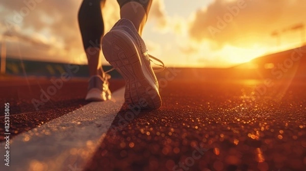Fototapeta The detailed shot of an athletic runner's shoe in mid-stride on a stadium track, with the warm glow of the sunset creating a dramatic atmosphere of training and dedication