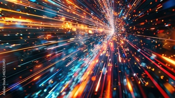 Fototapeta Abstract technology background showcasing high speed global data transfer, ultra-fast broadband connections, digital explosion, and cyber tech motion.