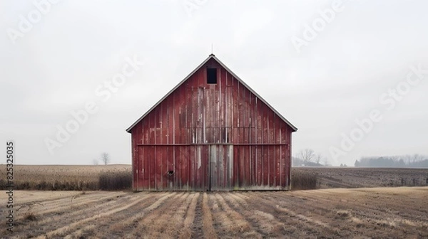Fototapeta Rustic old barn surrounded by grassland and forest landscape.