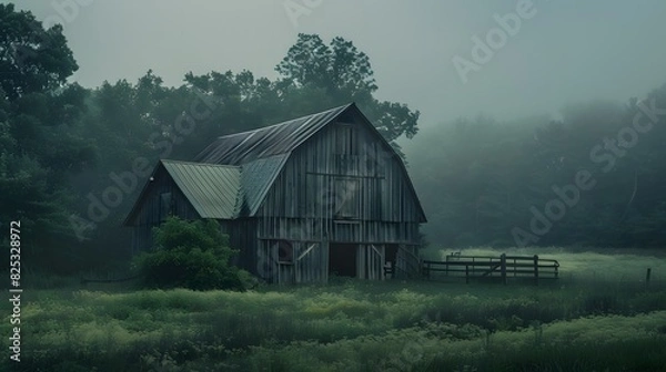 Fototapeta Rustic old barn surrounded by grassland and forest landscape.