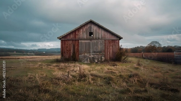 Fototapeta Rustic old barn surrounded by grassland and forest landscape.