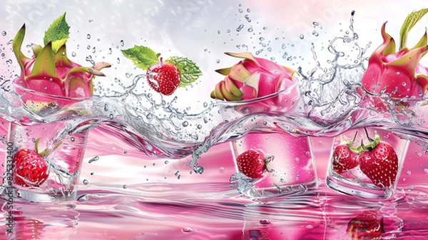 Fototapeta   A glass of water with strawberries splashing into it and a splash of water on top