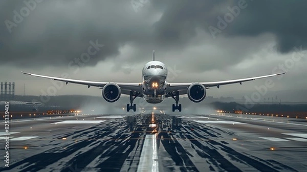 Fototapeta Front view of a passenger airplane on the runway, ready for takeoff.