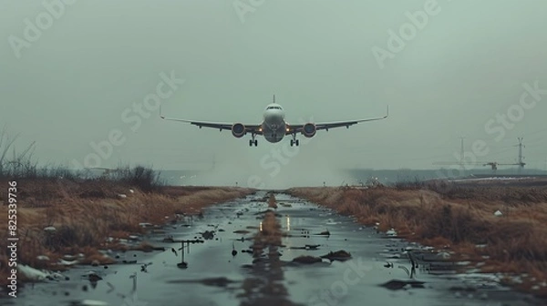 Fototapeta Front view of a passenger airplane on the runway, ready for takeoff.