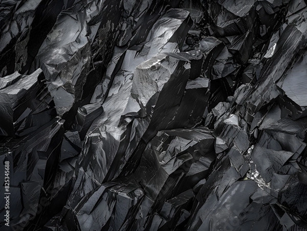 Fototapeta Close-up of jagged, black rocks with a rough, textured surface