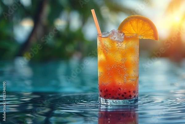 Fototapeta A glass of orange juice with a straw in it