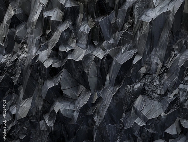 Fototapeta Close-up of jagged, black rocks with a rough, textured surface