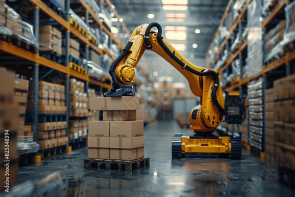Fototapeta Automated Robot Carriers And Robotic Arm In Modern Distribution Warehouse
