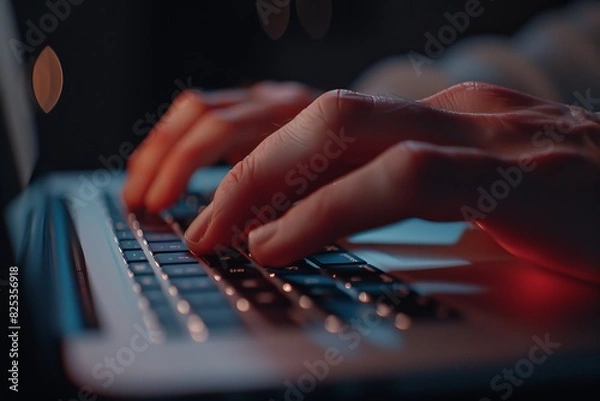 Fototapeta Closeup of fingers typing on a laptop, work in progress, photorealistic, Multilayer, minimalist desk backdrop