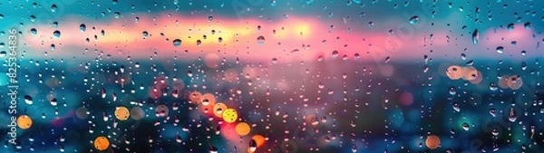 Fototapeta Super Ultrawide Blurred City View With Lights Landscape Photo Trough Rainy Window