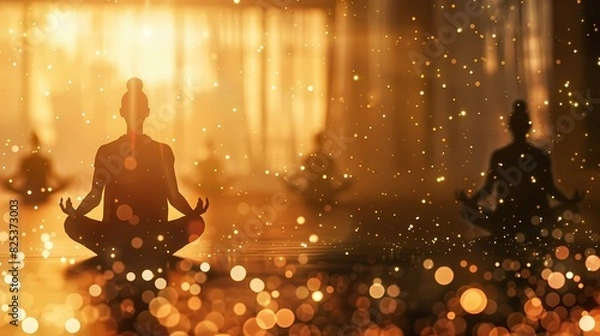 Fototapeta A serene scene of a meditative yoga class, with a defocused background of gently glowing particles