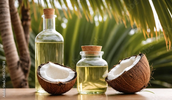 Fototapeta AI generated illustration of a jar and a bottle  of coconut oil with halved coconuts