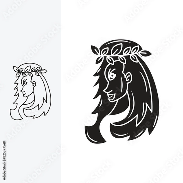 Obraz illustration of a beautiful woman wearing a headband made from a series of leaves, logo design template sign. monoline style and silhouette stylish.