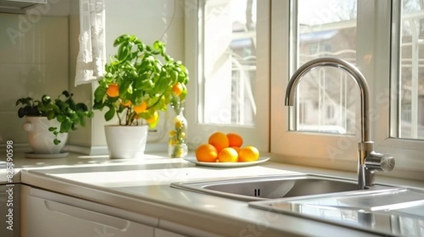 Fototapeta AI generated illustration of a minimalist white kitchen countertop with a silver faucet and oranges